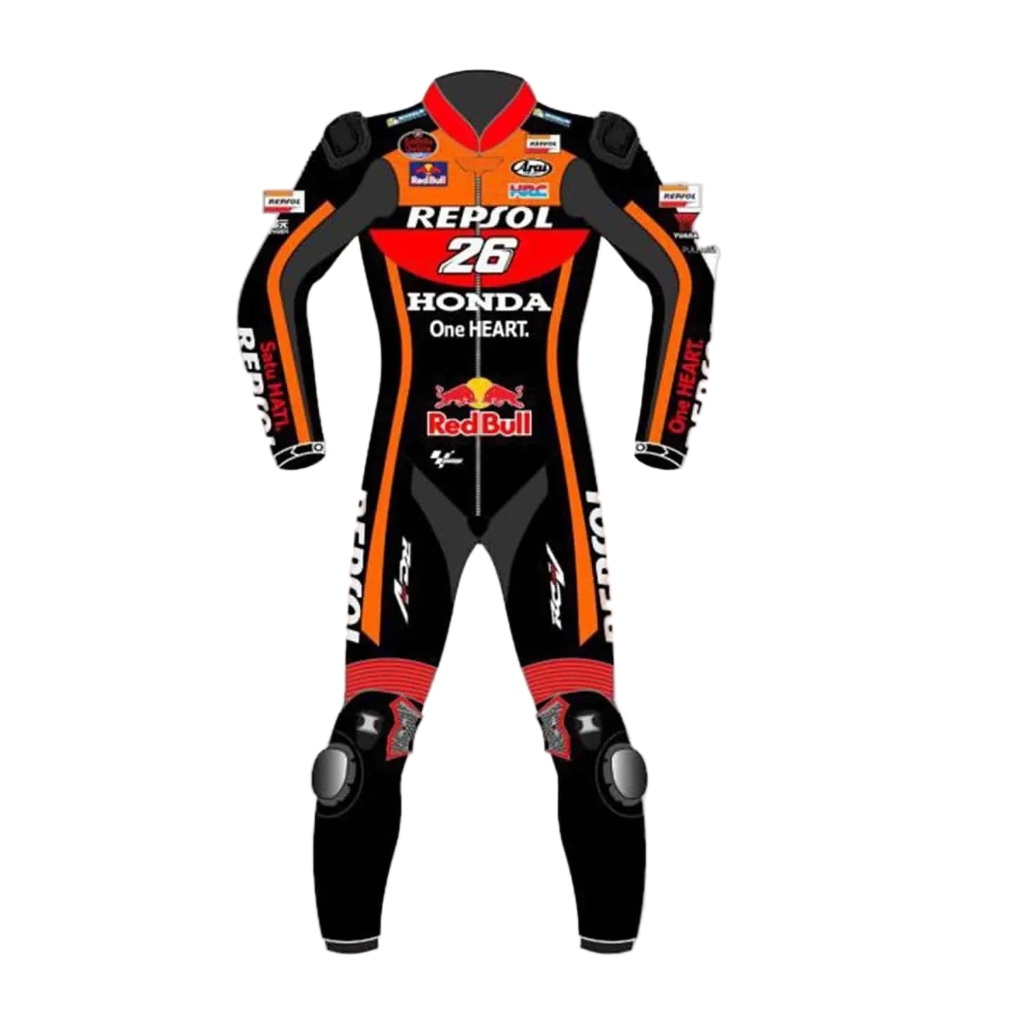 Honda Repsol one-piece leather racing suit in black, red, and orange with full MotoGP sponsor livery.